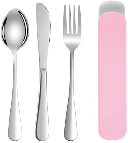 Portable Travel Cutlery Set with Case – Stainless Steel Knife Fork Spoon Set – Reusable Portable Cutlery Set for Camping Picnic School Office & Everyday Use (Pink)