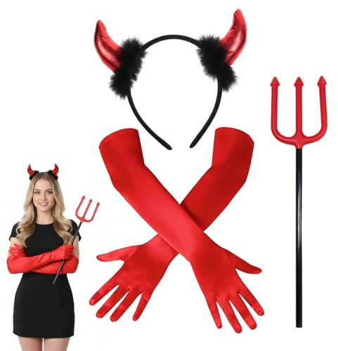 Teufel Kostüm Damen, Devil Kostüm Set, Haarreif, Handschuhen & Trident | Teufel Kostüm Damen; 3-teiliges Set: Haarreif, rote Handschuhe, Trident; für Karneval, Halloween, Mottopartys