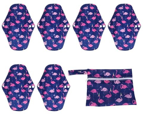 BETOOKY Juego de Toallas Sanitarias Lavables y Reutilizables de Bambú con Carbón 7 Piezas (m) con Bolsa, Súper Absorbentes con Alas, para Menstruación, Posparto y Viajes