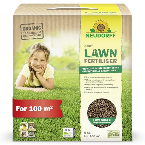 Neudorff Azet Lawn Fertiliser 5 kg for 100 m² - Promotes a dense, resilient, and naturally green lawn in spring and summer with 3 months of long-lasting effect. Child and pet friendly