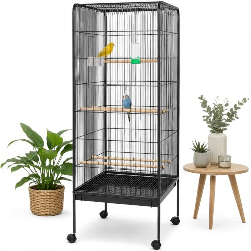 Mucola Vogelvoliere Gitter Vogelkäfig groß Bodenwanne 146x54,5x54,5 cm Grau | Für Sittiche und kleine Papageien, robustes Eisengestell, rollbar, breite Türöffnung, leicht zu reinigen, inkl. Zubehör