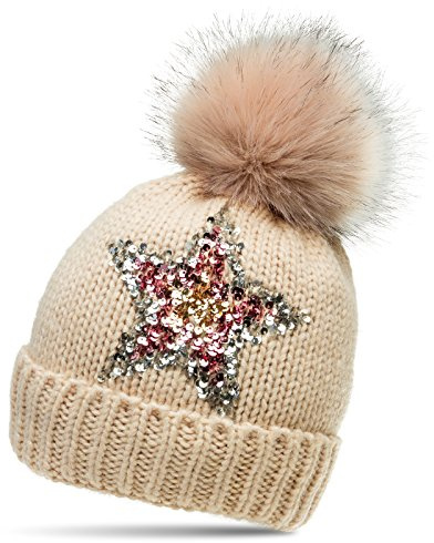 Caspar MU161 Damen Strick Winter Mütze mit Pailletten Stern und großem Fellbommel, Farbe:beige, Größe:One Size