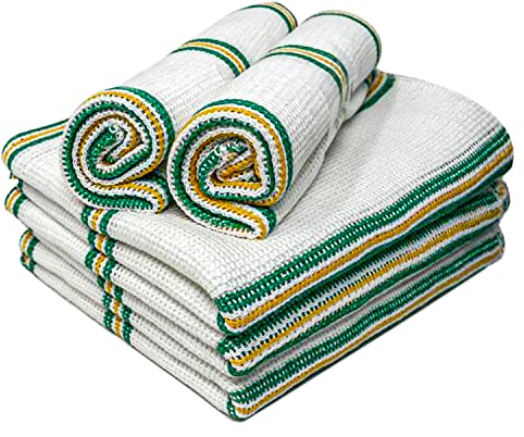 Towelogy® 5 Pack Cotton Dish Cloths Waffle Weave White Super Absorbent LINT FREE QUICK DRY Striped Kitchen Tea Towels Dishcloths for Washing Up Machine Washable 35x40cm (White Green/Yellow Stripes)