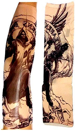Manicotto tattoo indossabile manica tatuaggio finto immagine angelo morte scheletro teschio ali mitra scritta tatoo mezza manica tribale W73 modello 60 idea regalo