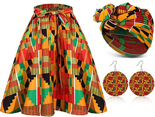 Coume 3 Pcs Women African Dashiki Skirt Traditional Costume African Bohemian Head Wrap Scarf Drop Dangle Earring (X-Large) Multi