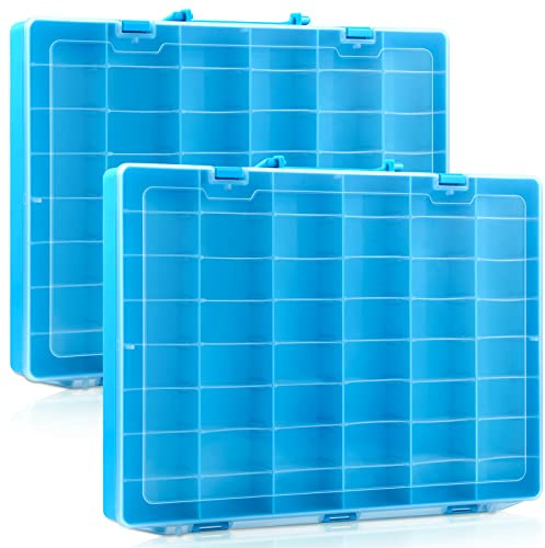 Juexica 2 Pcs Large 48 Grids Plastic Storage Bead Organizer Box, Tackle Box, Compartment Organizer Container with Adjustable Dividers for Jewelry Art Crafts Toys Screw Small Parts(Blue)