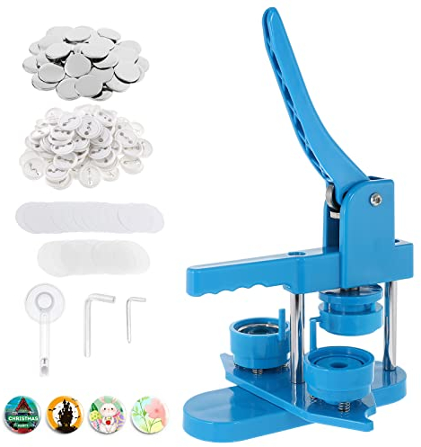 Dyna-Living Buttonmaschine, Abzeichen Button Maker 44mm/1.73in, DIY Badge Press Machine mit 200 Zubehörteilen & Kreisschneider, Drehbare Blau Rohlinge Buttonrohlinge machen Badge Maker Maschine