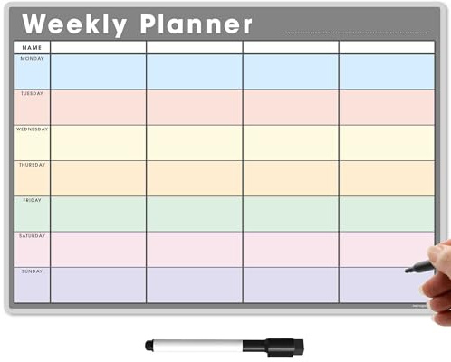 TMS Magnetic Weekly Planner for Fridge | Made in the UK | Whiteboard, Memo Board, Calendar or Organiser for Work or Family Planning (Grey & Pastel, A3 (42 x 30cm))