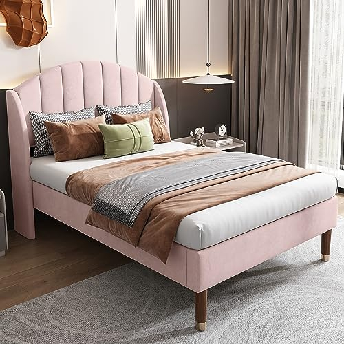 WIZBED Polsterbett Einzelbett 90 x 200 cm, Bettgestell mit Lattenrost und Kopfteil, Lattenrost aus Holz, Samt, Gepolstertes Bett Jugendbett, Rosa,ohne Matratze