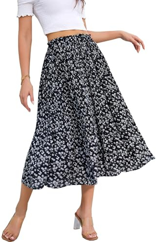 Hotouch Damen Lang Plisseerock Elegant Chiffon Rock Elastische Taille Midirock Frühling Sommer Strandrock mit Tasche Weiße Blume Größe M
