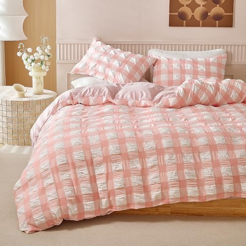 Nyescasa Seersucker Bettwäsche 135x200 2 Teilig Rosa Kariert Bettwäsche-Set Geprägt Streifen Strukturiert Wendebettwäsche Weiche Mikrofaser Modern Bettbezug mit Reißverschluss und Kissenbezug 80x80cm