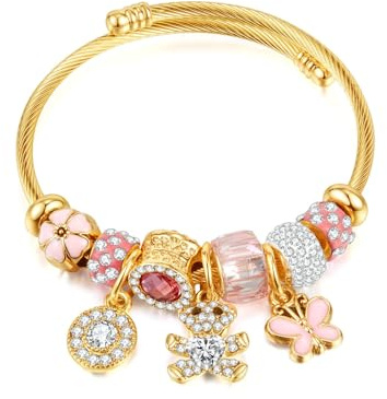 ATE Bracelet à Charms en Acier Inoxydable Plaqué Or Bracelet Ouvert avec Perles et Charms Style Vif B212-5