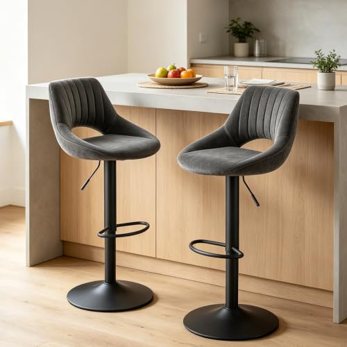 Zouron Tabouret de Bar Vintage Lot de 2, Tabouret Bar Industriel en Similicuir, Hauteur Réglable et Pivotant 360°,Chaise de Bar avec Repose-Pieds,Chaise de Cuisine,Grand siège (54.5 * 50.5cm),Gris
