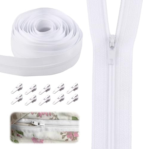 Fermeture éclair continue blanche de 5,3 m - Taille 3 - Coussins en nylon - Fermetures éclair d'ameublement pour couture - Très résistantes - Découpables sur rouleau - Tirettes n°3 pour bricolage,