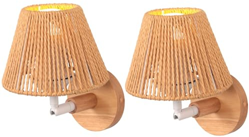 TOKIUS 2 Stücke Wandleuchten Innen E27 Retro Lampe aus Holz und Papierfaserstrang Lampenschirm Vintage Wandspot 180 Grad Verstellbare Wandlampe für Schlafzimmer Wohnzimmer Esszimmer Flur (Typ-A, 15cm)