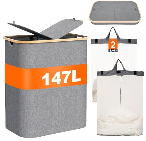 ZYNERY Wäschekorb 150L mit 2 Deckeln und 2 Fächern, Doppel Wäscheaufbewahrung mit 2 abnehmbaren Wäschesäcken, Körbe für Schlafzimmer, Waschküche, Hellgrau
