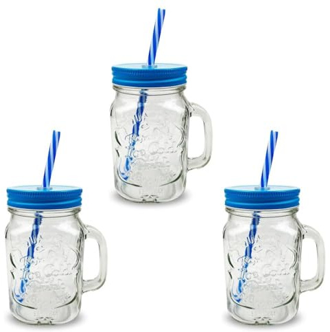G4GADGET 3X Blue Mason Jars with Handles (500ml) – Durable Glass Cups with Lids & Reusable Straws – Ideal for Smoothies, Iced Coffee, Juices & Cold Beverages