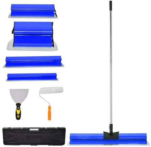 Juego de espátulas profesionales de acero inoxidable - 85-274 cm, mango ajustable, en estuche (15, 35, 55, 75 y 95 cm), cuchilla y rodillo, para enlucir paredes y techos (azul)