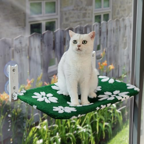 Yaning Cute Cat Window Perch, Foldable Cat Window Hammock, Green | Cordless Window Seat Bed for Indoor Cats, 3D Textured Flower Cover, Strong Suction Cups