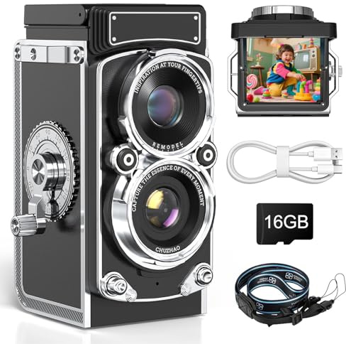 Vintage Digital Camera, TLR Style Portable 1080p FHD 12MP Auto Focus Retro Camera med Klassiska B & W -filter för Vlogging Nybörjare Tonåringar och Resor (16 GB)