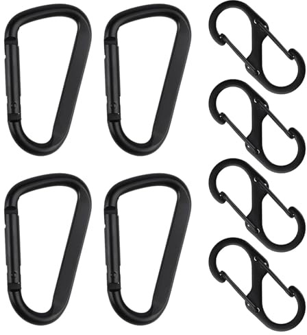 Set di 8 moschettoni a forma di moschettone, con 4 ganci a D, moschettoni e 4 moschettoni in alluminio, doppio moschettone in metallo, colore nero per campeggio, escursionismo zaino