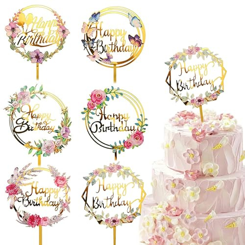 Gold Happy Birthday Cake Toppers, 6Pcs Acrylic Flower Cake Toppers Suitable for All Kinds Of Birthday Party Anniversary Cake Pastry Decoration Supplies