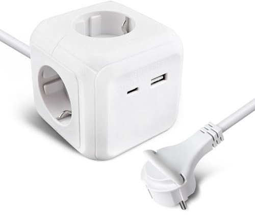 EXTRASTAR Cubo Regleta Enchufes 1.5M con Enchufe Plano Regleta para Uso Interior, Regleta Enchufes Plano con 4 Tomas de CA, 1 USB y 1 Tipo C para Familia, Cocina y Oficina Blanco