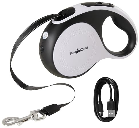 Keygarzone Retractable Dog Leash for Large Dogs with LED Light, 16.4ft Long Pet Leash up to 110lb Pull, 360° Tangle-Free One-Button Control for Small & Large Dogs & Cats, with Charging Cable, White