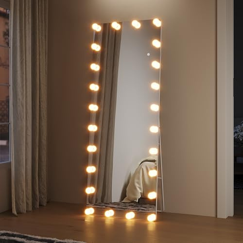 SUNXURY Standspiegel 160×60cm mit Beleuchtung LED Ganzkörperspiegel mit 24 Glühbirnen, 3 Lichtfarben, Touch und Steckdose, 2 Installationsmethoden, WandSpiegel Groß für Schlafzimmer, Wohnzimmer usw
