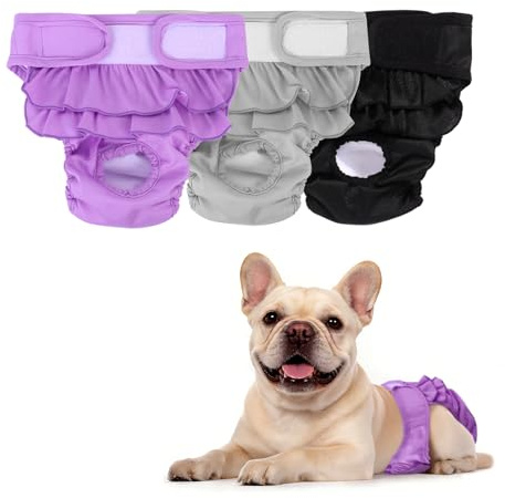 3er-Pack Waschbare Hundewindeln für kleine Hunde, Wiederverwendbare Läufigkeitshosen mit saugstarker Einlage, Verstellbare Baumwoll Höschen für Hündinnen – Lila, Grau, Schwarz