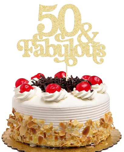 Ephlyn 1Pc 50 & Fabulous Cake Topper Glitter Fifty and Fabulous Cake Toppers Happy 50th Birthday Cake Pick for 50th Wedding Anniversary Birthday Party Decorations Supplies Gold