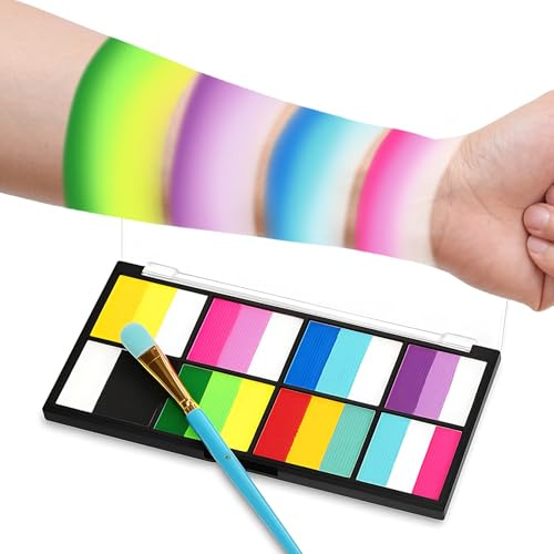 Face Paint, Rainbow Face Painting Kit with Brush, Water Soluble Face Paints for Kids, Halloween Makeup, Birthday Party, School Performance, 8 Color Palette