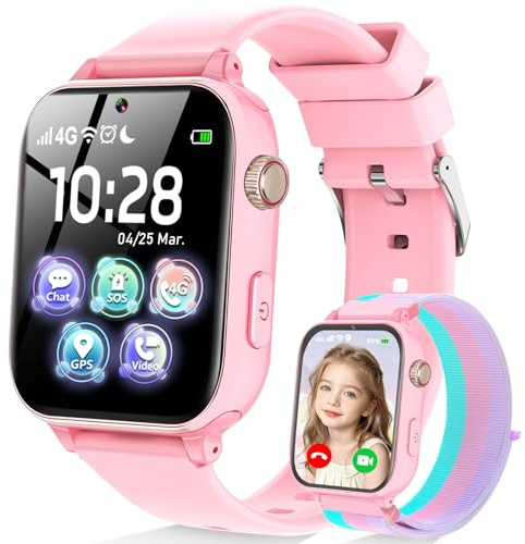 Ucani 4G Smartwatch Kinder mit GPS und Telefon, Armbanduhr Junge Mädchen mit Video/Telefonanruf, SOS Notruf, Wecker, Schulmodus, Schrittzähler, Puzzlespiel, Kinderuhr für Geschenke 4-12 Jahren, Rosa