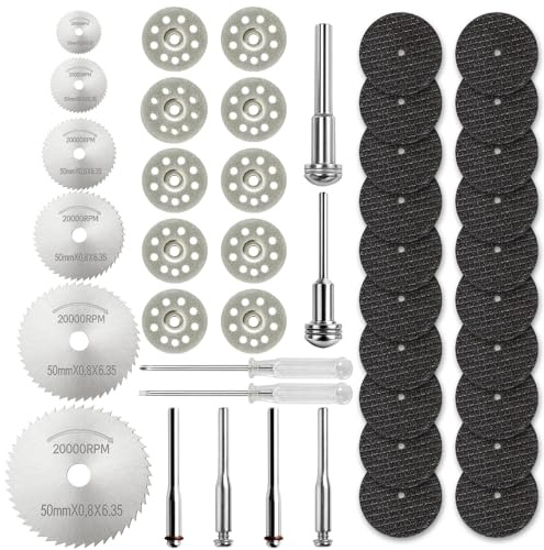 KELAV 44-tlg. Trennscheiben Set für Rotationswerkzeuge, Schneidräder mit 3mm Schaft für Metall, Holz, Kunststoff - Inkl. Kreissägeblätter & Schleifscheiben