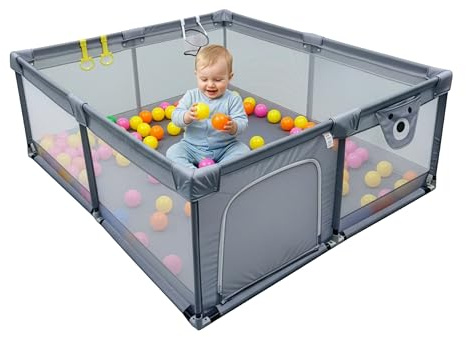 Relaxdays Parque Infantil Seguro para bebés con 50 Pelotas y 2 Anillos, 150x180 cm, Oxford Gris