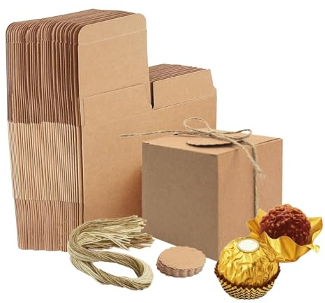 WOUYTPE 50 Stück Kraftpapier Geschenkschachteln, Geschenkbox Karton mit Deckel, 7 x 7 x 7cm Kleine Schachteln mit 50 Juteseilen und 50 Anhängern, Leere Verpackungskartons für Party Geburtstag Hochzeit