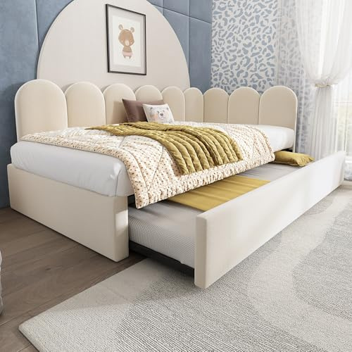 RIAZOS Upholstered Bed with Pull-Out Bed, 3FT Single Daybed Sofa Bed 90X190cm, Guest Beds for Adults and Children, with Metal Slatted Frame, Velvet, No Mattress, Beige