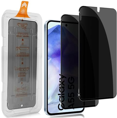 Hengnewro 2 stycken integritetsskydd för skärm för Samsung Galaxy A55 5G Anti-spion härdat glas, [Automatisk installation], Hårdhet 9H [Bobbelfri]