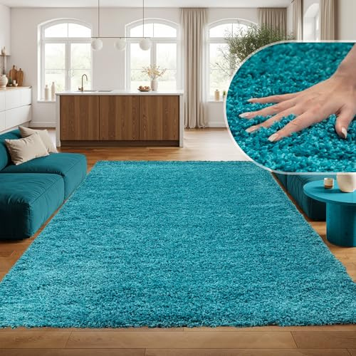 SIMPEX Hochflor Teppich, Unicolor - Einfarbig, Teppich Türkis, 60 x 110 cm, modern & Stilvoll, Wohnzimmer Schlafzimmer