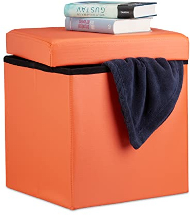 Relaxdays hopfällbar pall i konstläder, fotpall, sittpuff, förvaringslåda med lock, sittpall 38 x 38 x 38 cm, orange