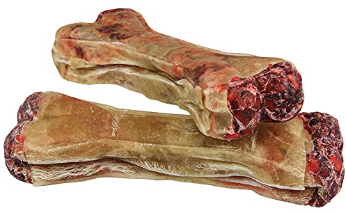 Schecker - 12 cm 4 Stück (280 g) Gefüllter Kauknochen mit Salami Geschmack - Gefüllt mit Pansen und Ochsenziemer - Länge: 12 cm