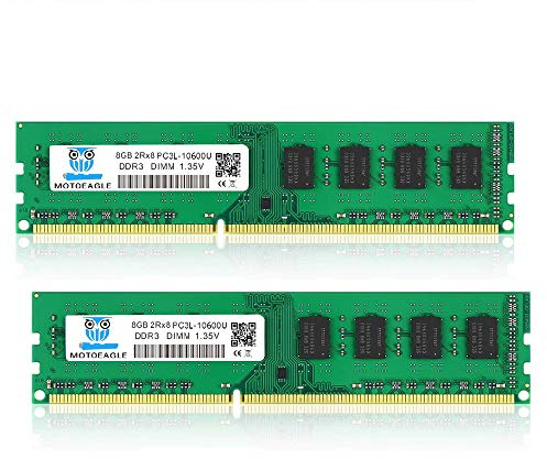 Motoeagle 16GB Kit (2x8GB) PC3 PC3L 10600 UDIMM DDR3 DDR3L 1333MHz RAM PC3-10600U CL9 1.35V 240-Pin Non-ECC Unbuffered 2RX8 Dual Rank Desktop Arbeitsspeicher