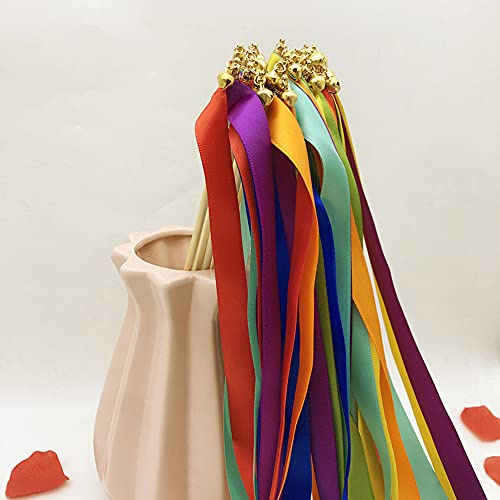 Zauberstäbe mit Band Glocken,50 Stück Luftschlangen Seide Fee Stick,Wedding Twirling Streamers Ribbon Wedding Wands Stick für Hochzeit Partys Babypartys Geburtstag Urlaub Feiern Weihnachten,Regenbogen