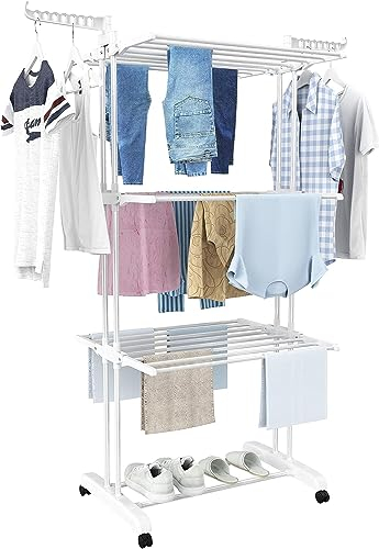 HOMIDEC Airer Clothes Drying Rack,4-Tier Foldable Clothes Hanger Adjustable Large Stainless Steel Garment Laundry Racks for Indoor/Outdoor,White