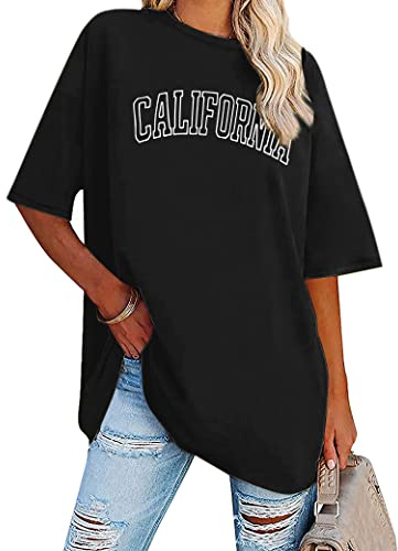 Dresswel Oversized T Shirt Damen California Brief drucken Vintage T-Shirt Kurzarm Rundhals Sommer Oberteile Lose Bluse Lang Tunika Top für Teenager Mädchen