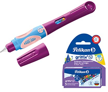 Pelikan Griffix Füller Sweet Berry + 10 Patronen, Schreiblernfüller für Linkshänder