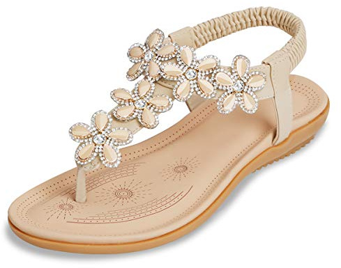 CARETOO Sandales Femme Plates Été Bohème Sandales Confortables Chaussures pour Plage Vacances (Beige, 42 EU)