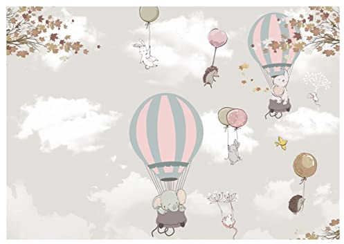 wandmotiv24 Fototapete Elefant Hase Luftballons, 200 x 140cm - selbstklebende Strukturtapete, Wanddeko, Wandbild, Wandtapete, Heißluftballon Tiere Herbst Igel M6882