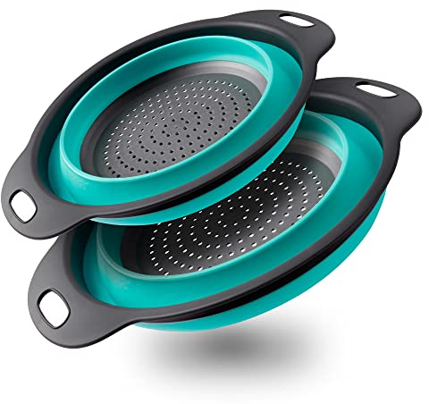 2 Piezas Coladores de Cocina Set, Plegable Colador Alimentos Escurridor Silicona con Asa, Ahorra Espacio Silicona Coladores para Cocina Doméstico Cámping, Incluyendo 2 Tamaño Azul 30CM y 25CM
