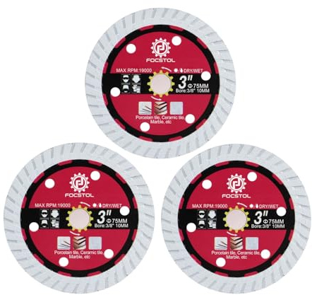 FOCSTOL Diamond Tile Saw Blade - 3pcs 75mm Cutting Disc for Ceramic Porcelain Tile Marble for Angle Grinder Arbor 10mm